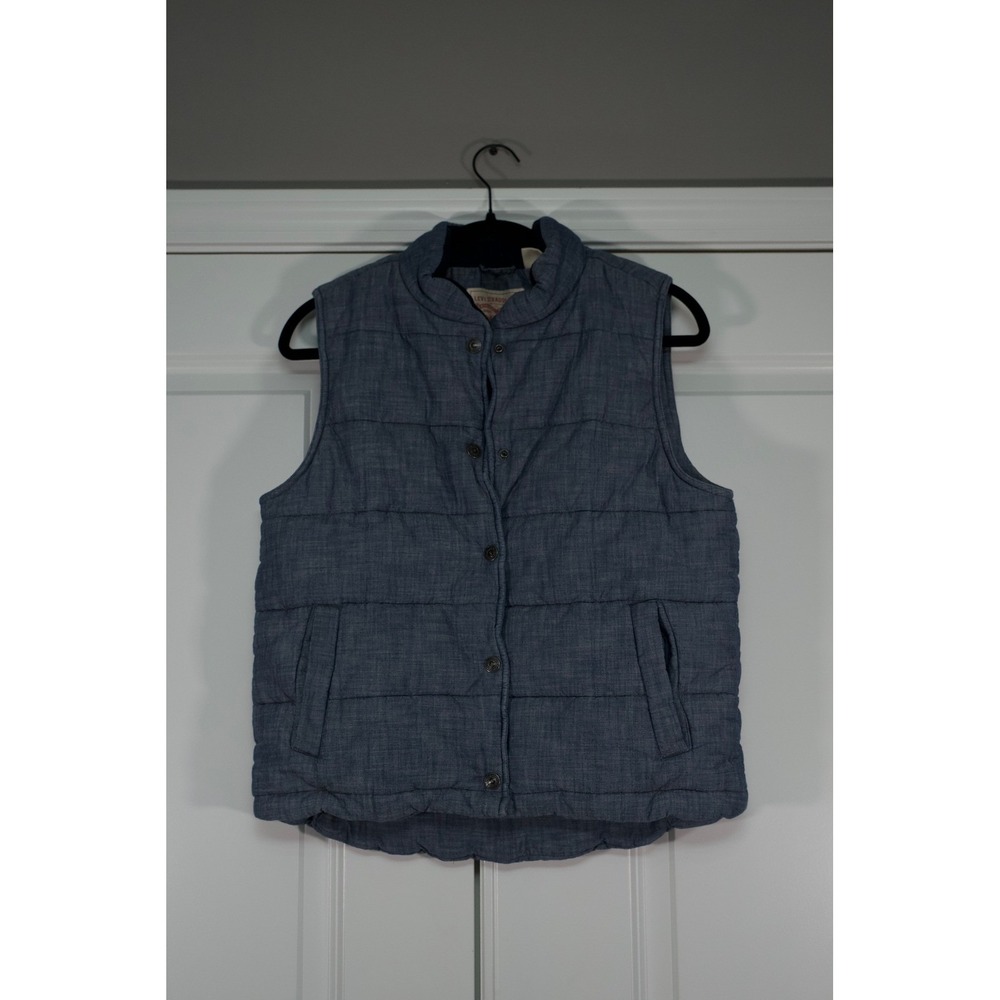 Levis Strauss & Co Mens Small Blue Chambray Quilted Puffer Vest Snap Front
